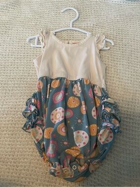 Rufflebutts Romper in Cream and Dusty Blue